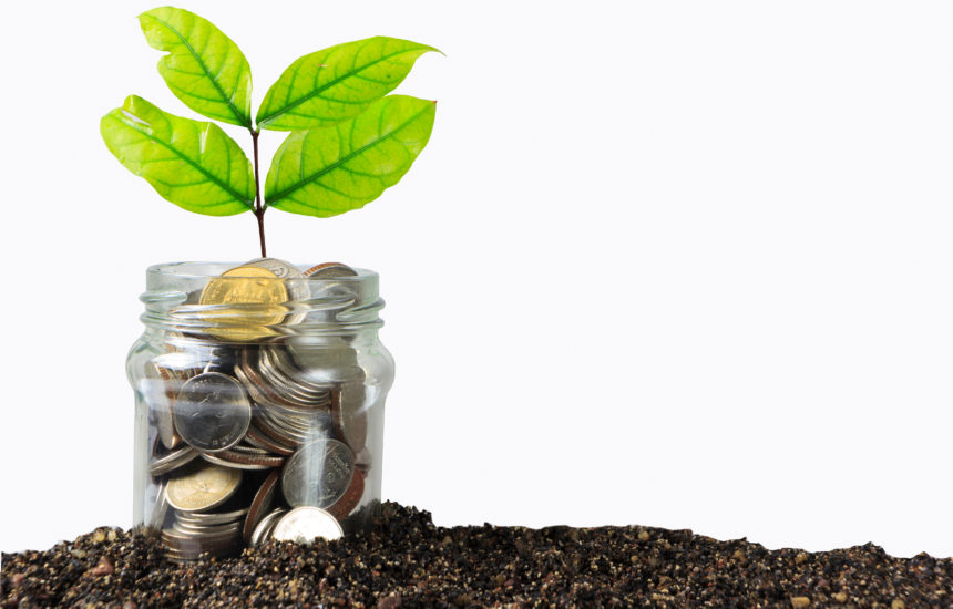 Photo of a plant sprouting out of a jar of coins.