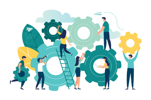 A graphic image of people holding up and climbing on cog wheels together, showcasing the power of working together with Education Diplomacy.