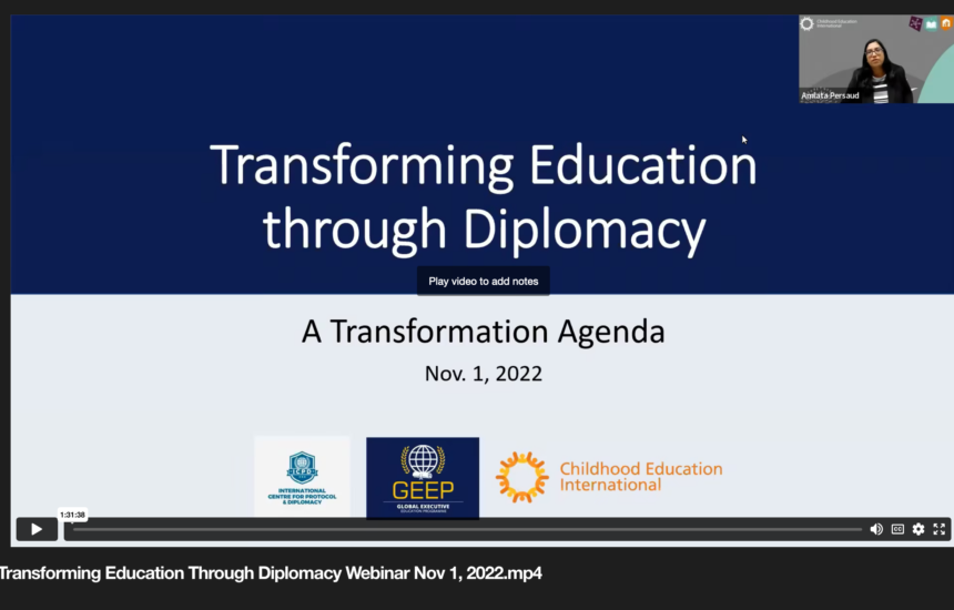 A screenshot of the start of the Education Diplomacy webinar.