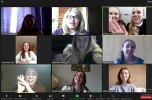 Zoom meeting with Ukrainian students, smiling