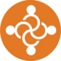 Orange circle with a white icon in the center, with four dots and swirls in the inside