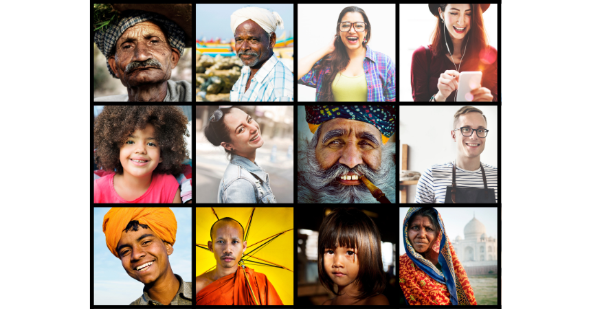 Series of headshots of children and adults of different races, ethnicities, and cultures