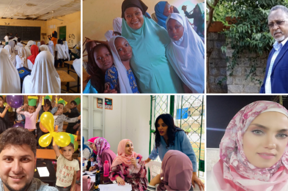 Grid of six photos showing the QHL Senior Fellows teaching students in their classrooms around the world
