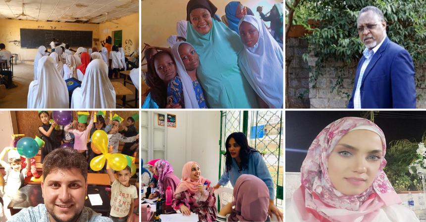 Grid of six photos showing the QHL Senior Fellows teaching students in their classrooms around the world