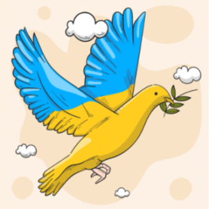 Drawing of a blue-and-yellow dove with a branch in its beak, with a few white clouds around it