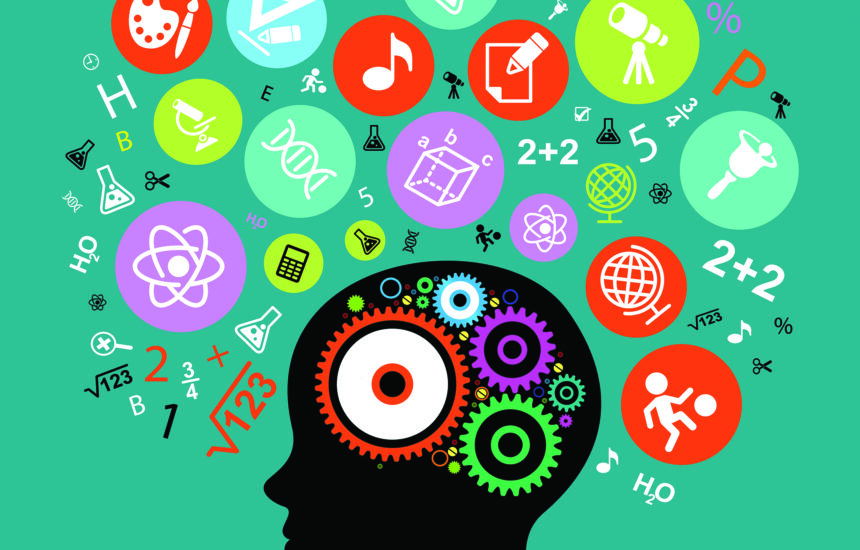 Graphic of a person's head with multicolored wheel cogs inside of it and multicolored equations and scientific diagrams outside the head. Text says "Mastery Not Time: A Look at Competency-Based Education in Practice"