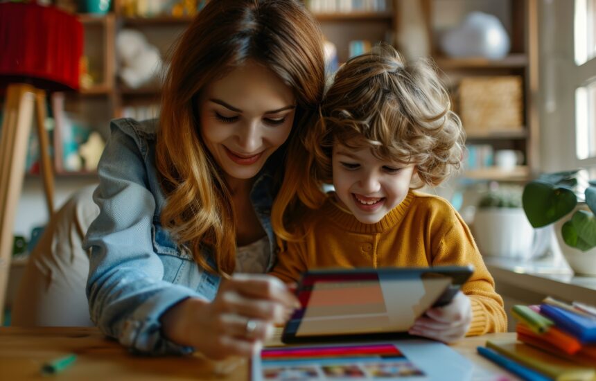 A woman helps a young boy work on a tablet