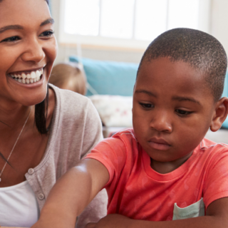 Happy teacher with students