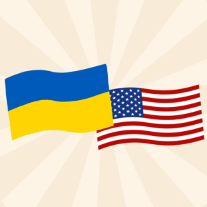 Ukrainian and US flags in the center