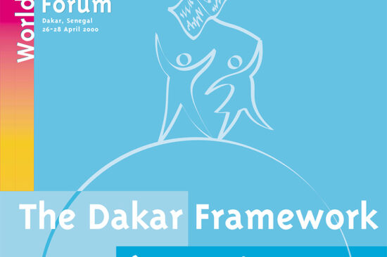 Blue announcement for the World Education Forum, featuring a drawing of two people holding a sign and text below that says, "The Dakar Framework for Action."