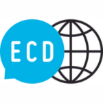 ECDtf logo - blue speech bubble with "ECD" inside, and a globe