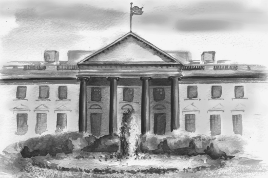 A black-and-white illustration of the White House.