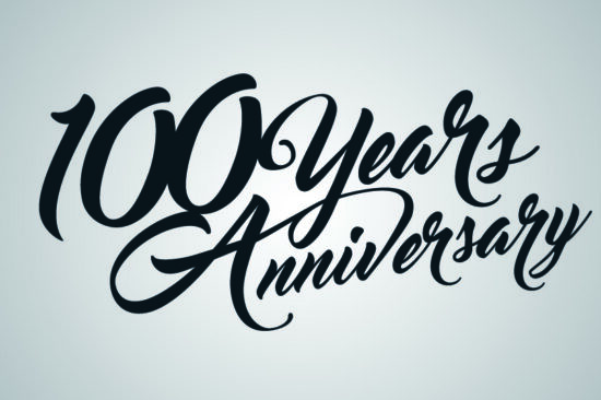 Black-and-white cursive text that says, "100 years anniversary"