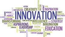A word graphic with "innovation" written in large letters in the middle. Are it are various other words in different colors, including "creativity," "aspirations," "leadership," and more.