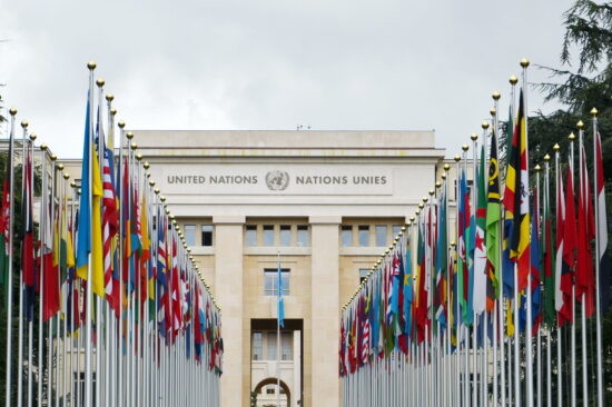 The United Nations, with rows of national flags flanking each side of a walkway.
