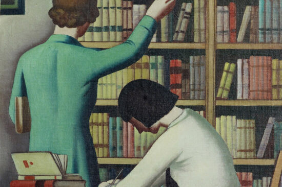 A painting of two women in a library.
