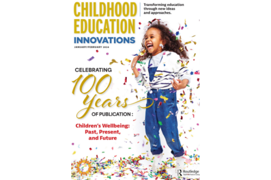 Cover of the Childhood Education Innovations 100th anniversary issue, which includes a photo of a young girl happily jumping among confetti and the words "Celebrating 100 years"