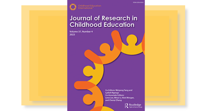 Cover of the Journal of Research in Childhood Education, which is purple and includes a yellow-and-orange graphic of people holding hands in the air