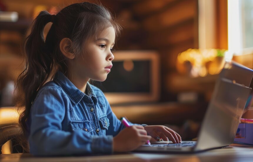 A young girl uses a laptop to do schoolwork