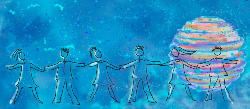 AI-generated image with a blue background and a spinning globe-like circle in the background, with black pen sketches of a group of six people holding hands in the foreground.