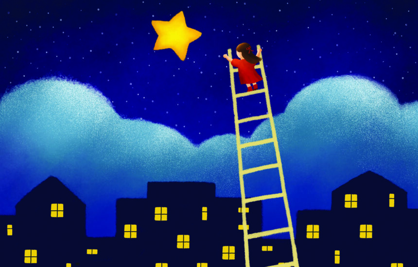 A graphic of a girl climbing a ladder into the sky, trying to reach a star.