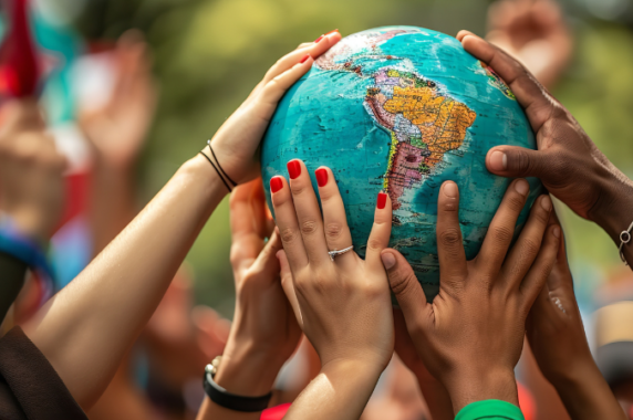 Diverse hands holding up a globe outdoors.