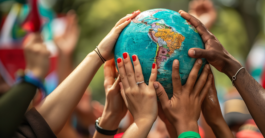 Diverse hands holding up a globe outdoors.