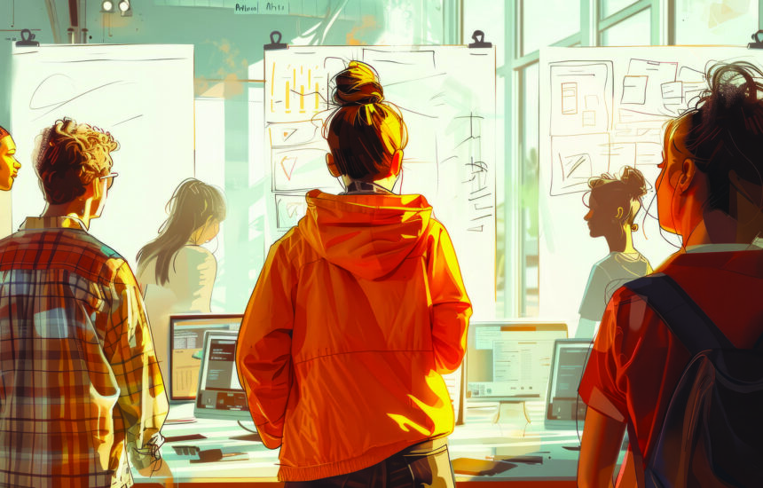 A group of students are looking at a presentation on a screen in a classroom.