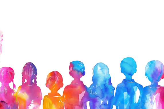 A brightly colored illustration of children looking ahead toward a teacher.