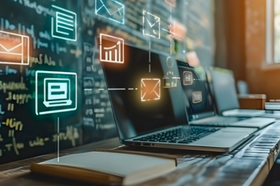 Laptops in front of a chalkboard, with images of electronic icons projected off of them, representing holistic language teaching and online learning.