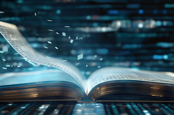 An open book transforming into a stream of ones and zeros, symbolizing the role of artificial intelligence (AI) in knowledge.