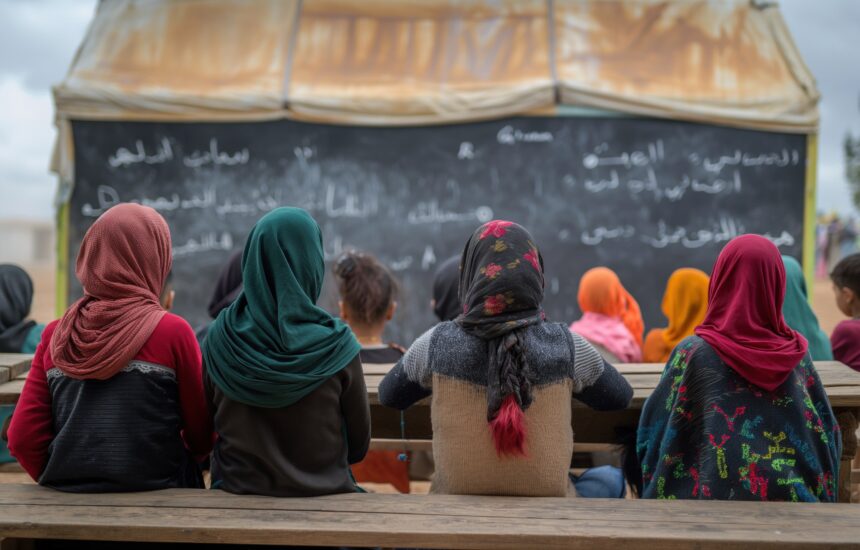 Refugee students attending an outdoor school.
