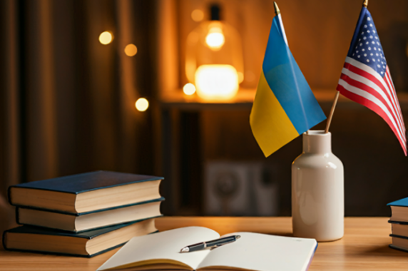 Books next to flags from Ukraine and United States.