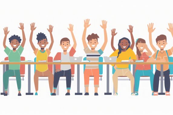 An illustration of happy, smiling young people with their hands in the air next to desks.