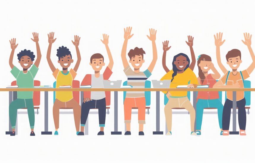 An illustration of happy, smiling young people with their hands in the air next to desks.