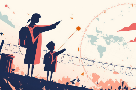 An illustration of two children standing next to a barbed-wire fence, pointing across it toward an image of the globe in the sky, representing a bright future ahead.