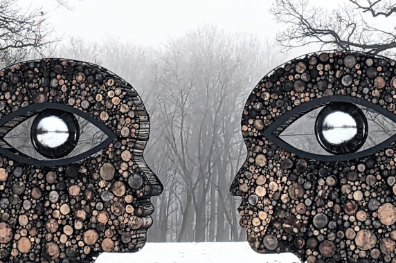 Sculpture of two stone heads in an outdoor area, representing knowledge.