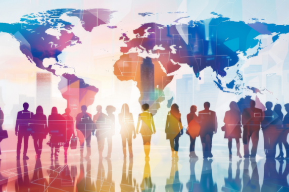 A colorful image with shadows of child development and business leaders collaborating, with the world continents in the background.