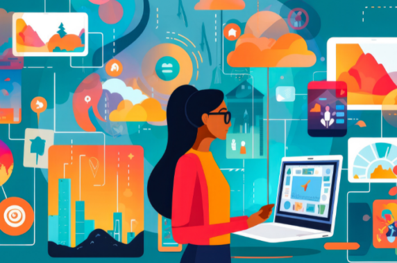 A colorful illustration of a teacher using AI to help plan lessons for class.