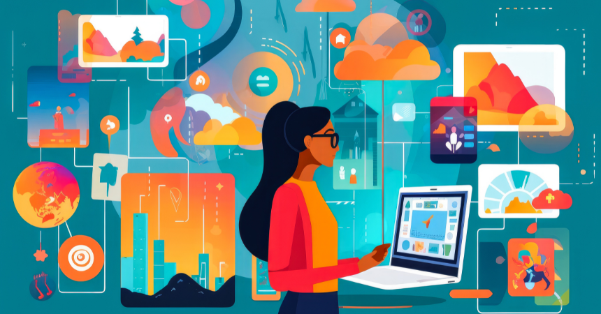 A colorful illustration of a teacher using AI to help plan lessons for class.