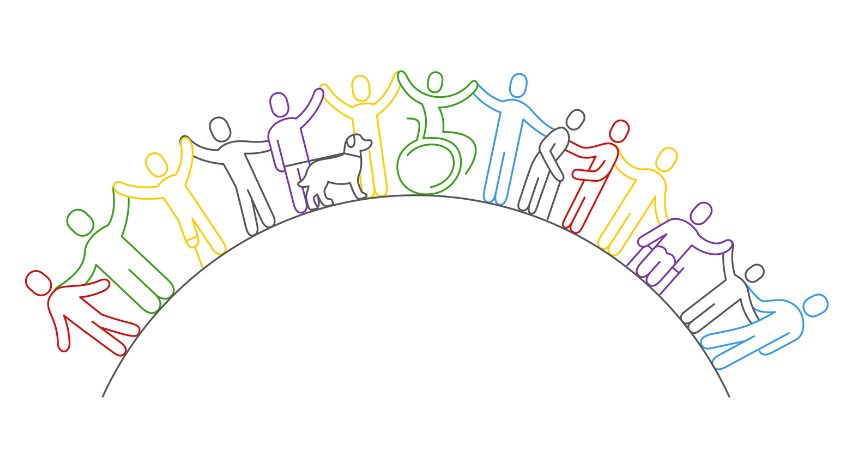 Graphic of brightly colored outlines of people with and without disabilities, standing on a circle representing the globe.