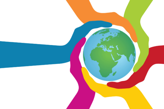 An illustration of hands in different bright colors caringly surrounding the globe, representing disability inclusion and commitment.