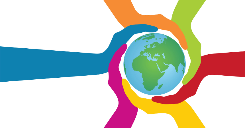 An illustration of hands in different bright colors caringly surrounding the globe, representing disability inclusion and commitment.