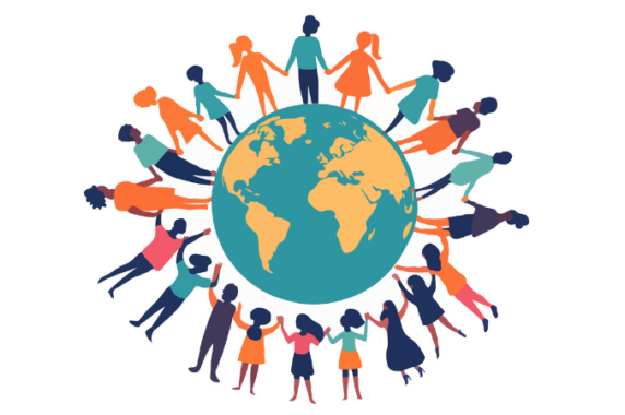 An illustration of a globe with diverse people encircling it, holding hands.