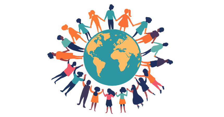 An illustration of a globe with diverse people encircling it, holding hands.