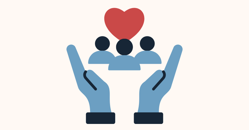 A graphic of two hands caringly holding up three people and a heart, representing social-emotional learning.