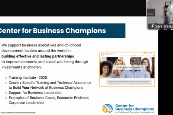 A screenshot from the training institute. Dr. Sara Watson is speaking and showing a slide with text that says, "Center for Business Champions: We support business executives and childhood development leaders around the world in building effective and lasting partnerships to improve economic and social wellbeing through investments in children."