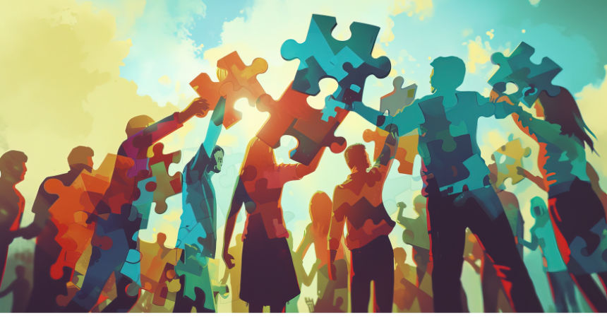 An illustration of businesspeople and ECD leaders gathering together with puzzle pieces.