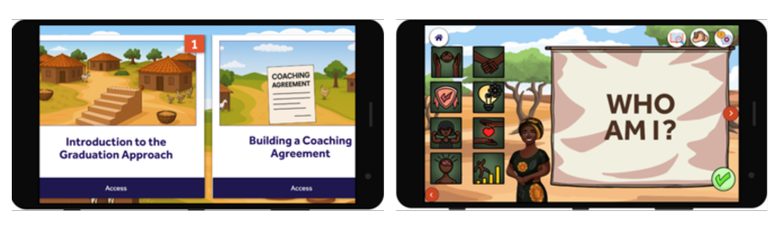 Two examples of what the app looks like on a phone. One has two modules showing content related to the Graduation Approach. The other has an image of a person with text that says, "Who am I?" with icons representing different parts of a person's identity.