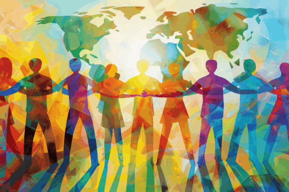 A colorful graphic with images of people standing arm-in-arm in front of an image of the continents with the sun rising in the background.